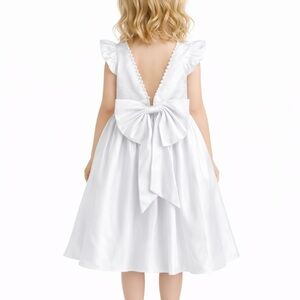 White Satin Flower Girl Dress with Pearl Back and Bow | Size 4T